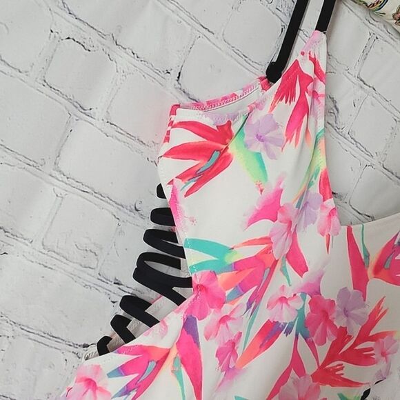Victoria's Secret PINK Neon Pink Hibiscus Floral Print One Piece Swimsuit Size M - Picture 8 of 16